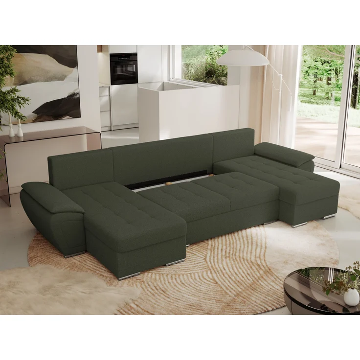 U-förmiges Ecksofa mit Schlaffunktion, genähter Sitz, zwei Armlehnen und losen Kissen - UMBRIA U - Grün Boucle – Bild 4