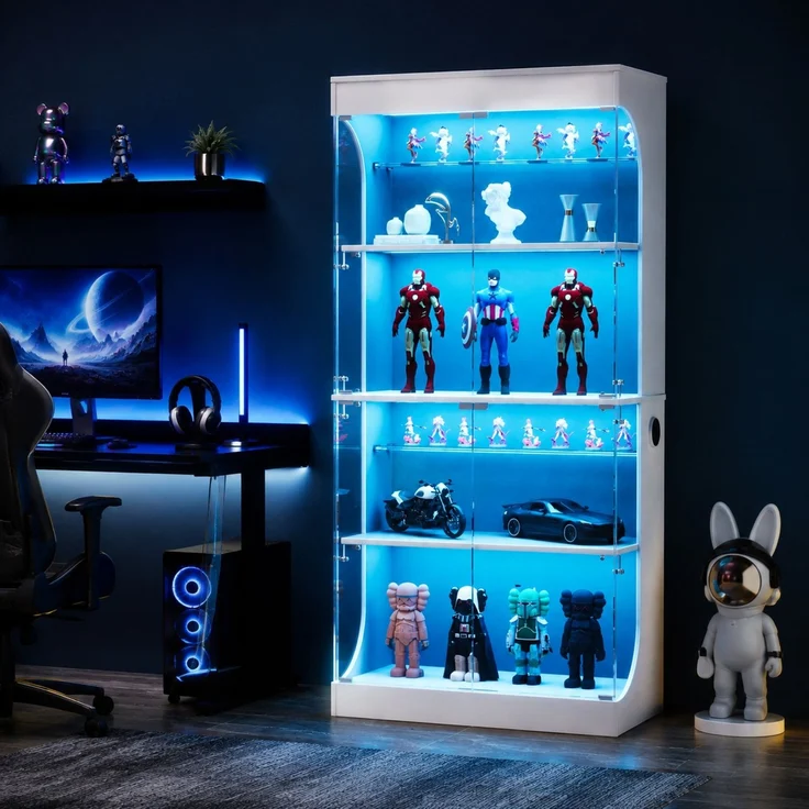 Glasvitrine 80 x 35 x 165 cm mit LED-Beleuchtung, Glastüren und Ladestation in Weiß – Bild 1