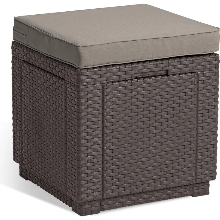 Allibert by Keter Cube Hocker mit Stauraum, braun, inkl. Kissen, Deckel abnehmbar, flache Rattanoptik, wetterfest, 42 x 42 x 39 cm