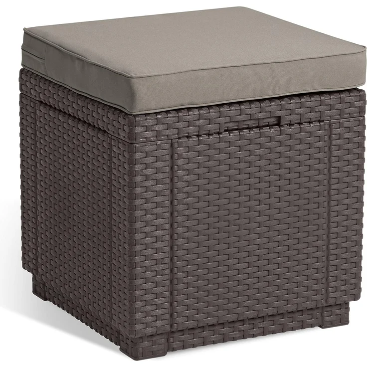 Allibert by Keter Cube Hocker mit Stauraum, braun, inkl. Kissen, Deckel abnehmbar, flache Rattanoptik, wetterfest, 42 x 42 x 39 cm