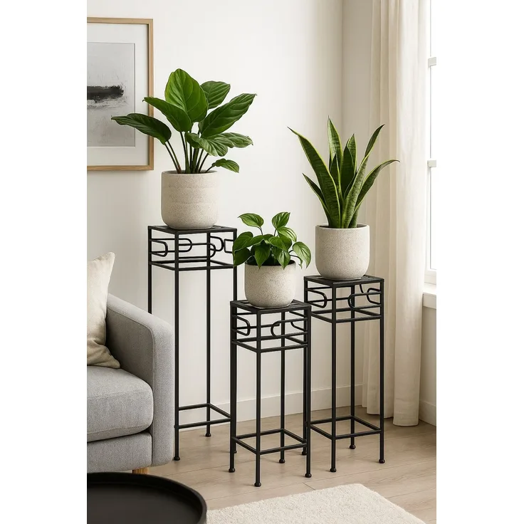 Blumenständer Set 3-tlg Metall Schwarz pulverbeschichtet Pflanzenständer modern