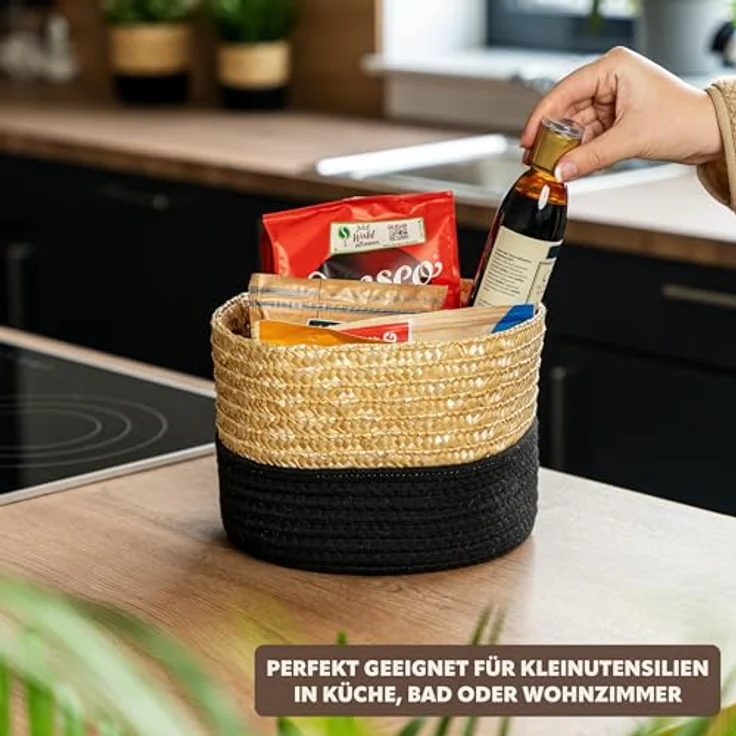 Aufbewahrungskorb, Baumwolle/ Strohgeflecht Ø 24 cm, schwarz – Bild 5