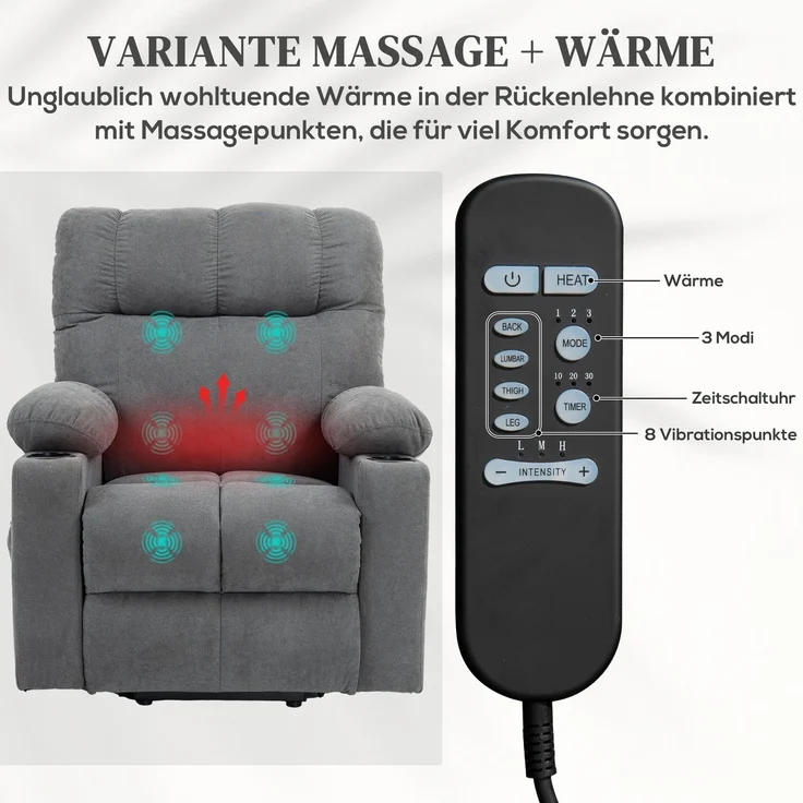 Fernsehsessel mit Aufstehhilfe, höhenverstellbar, 135°neigbar, mit 3 Modi, 8 Massagepunkten, Fernbedienung, 144 x 91 x 88 cm, Grau--Grau--91x95x109cm--YOUDENOVA – Bild 5