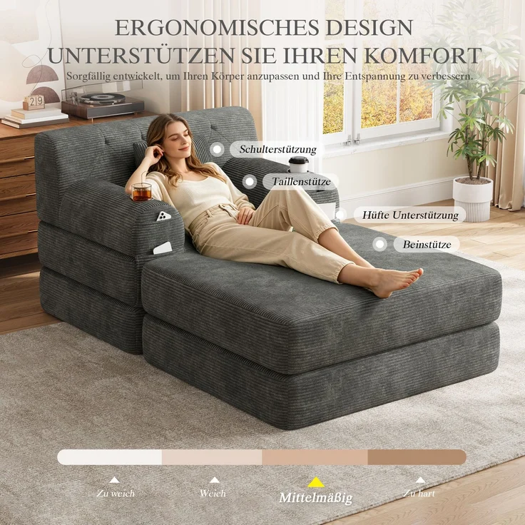 ZUBALIYA Schlafsofa 162x81 cm, mit Stauraum, mit Samtbezug, mit Cordbezug, mit Knopfheftung, mit breiten Armlehnen, Dunkelgrau – Bild 7