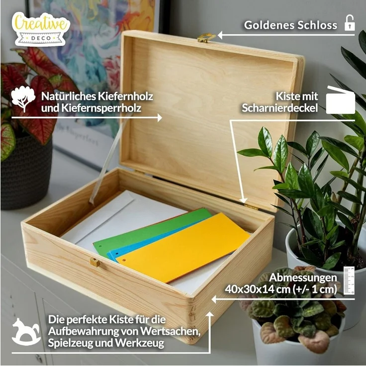 Creative Deco Holzkiste Natur mit Deckel und Schloss, Erinnerungsbox Baby Groß Holzbox mit Deckel Unlackiert Kasten – Bild 2