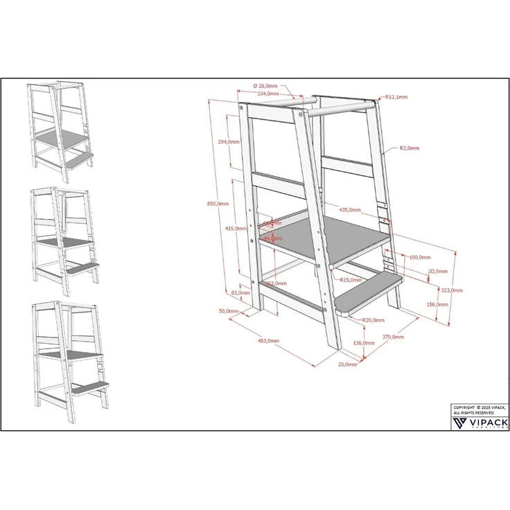 LERNTURM aus massiver Buche, Trittstufe- und Stehfläche 3-fach höhenverstellbar, Oberfläche weiß lackiert – Bild 4