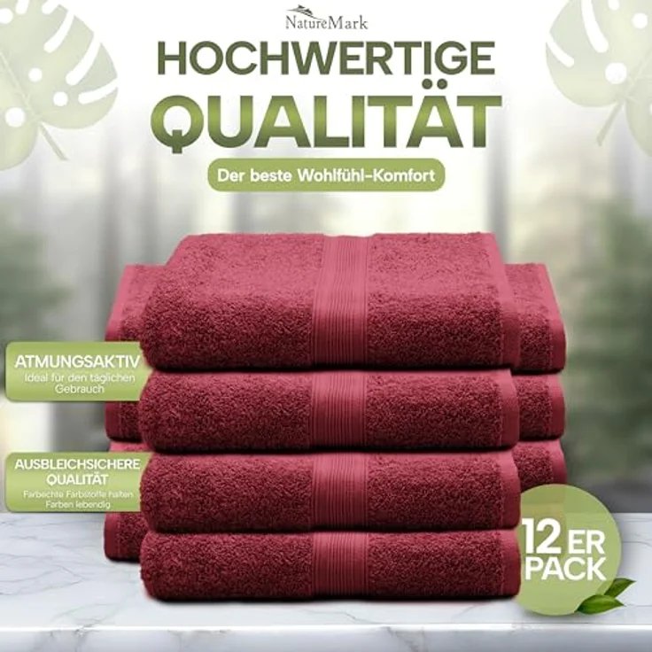 NatureMark Gästetücher – 12er Pack (30x50 cm), 100% Baumwolle, Oeko-Tex Zertifiziert, weich, saugfähig und pflegeleicht – Für Bad, Gäste & Spa – Bordeaux Rot – Bild 4