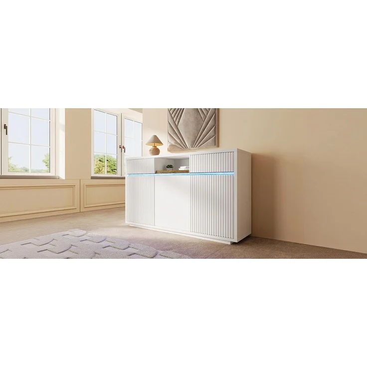 TavilaEcon Sideboard Kommode, Schrank mit LED, 2 Schubladen und 3 Türen weiß 85 × 40 × 140 cm (H × T × B) – Bild 2