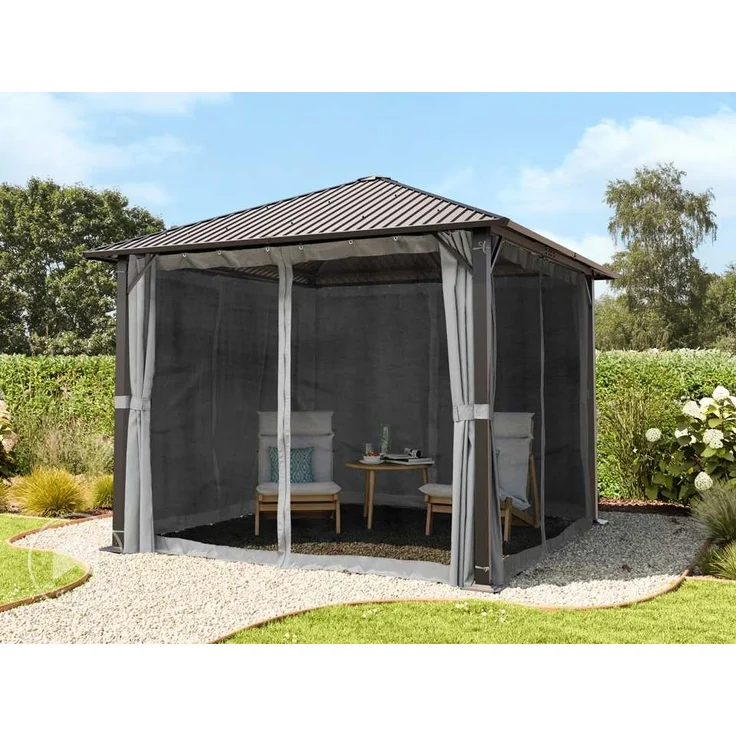 TOOLPORT Gartenpavillon 3x3 m mit Stahldach - Hardtop Pavillon mit 4 Seitenteilen und Moskitonetzen in Grau – Bild 2