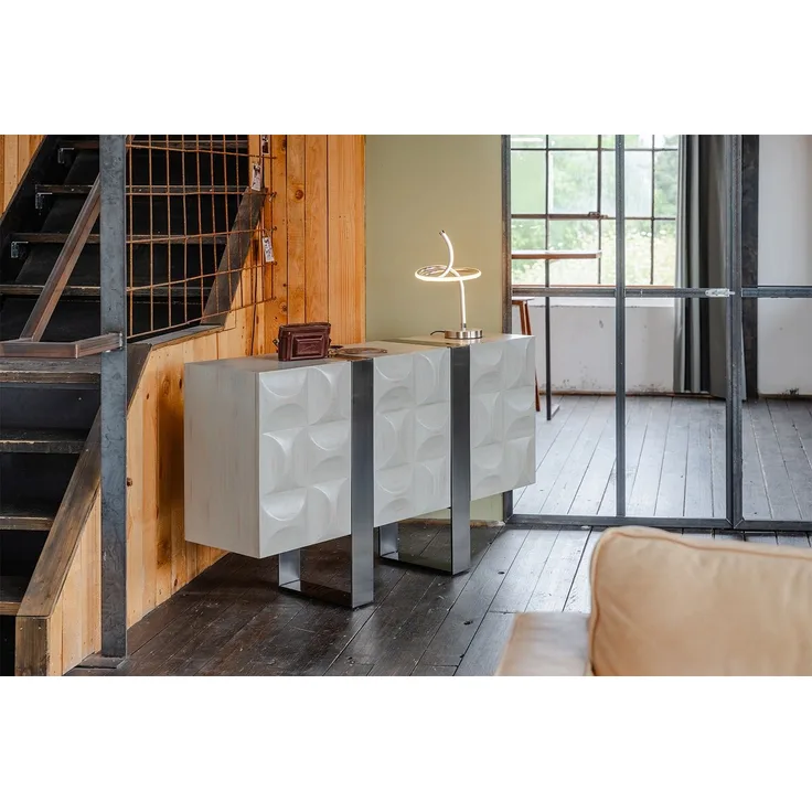 KAWOLA Sideboard MARGO 3 Türen Ulme furniert grau Fuß Edelstahl gebürstet 85 x 40 x 140 cm