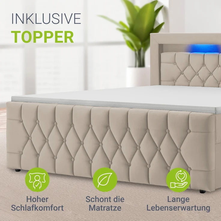 Juskys Boxspringbett Leona 180x200 cm - Bett mit LED Beleuchtung, Topper & H4 Federkern Matratzen - Einzelbett Beige mit Samt und Steppung – Bild 2