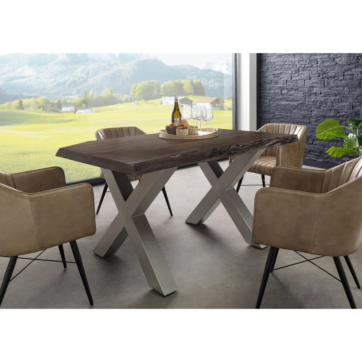 Baumtisch Akazie 140x90x77 grau lackiert / X-Beine silber matt FREEFORM 5 – Bild 9