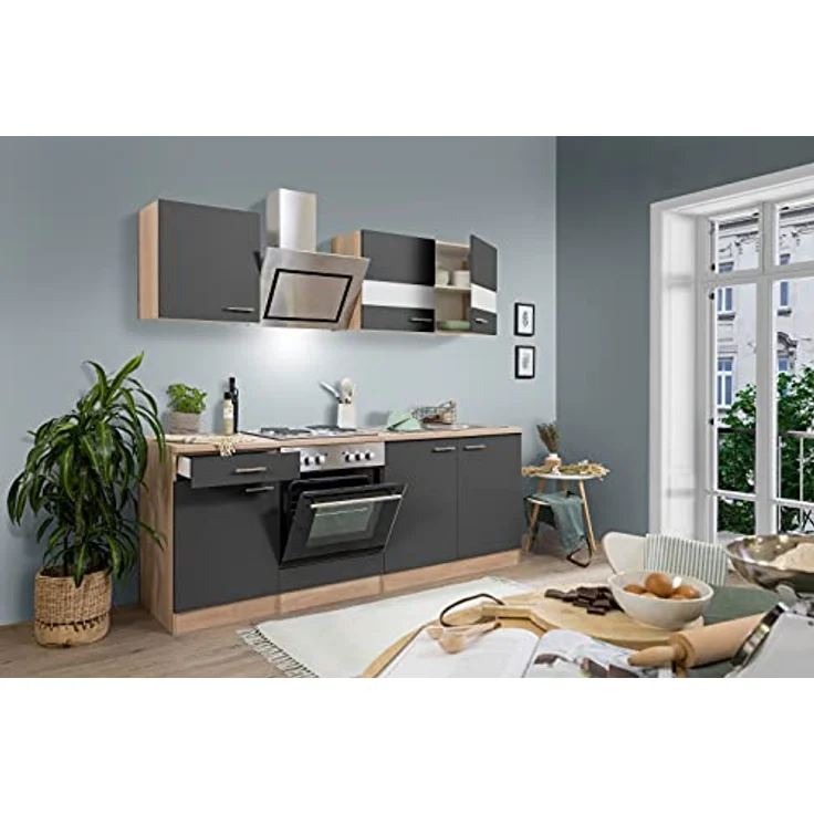 Respekta Küchenzeile Merle KB210ESGS, Grau 210 cm mit Einbauspüle, Soft-Close Funktion und Elektrogeräten – Bild 1