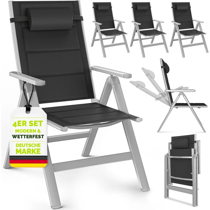 tillvex Gartenstuhl mit Polster Premium 4 Stück Silber klappbar aus Aluminium | Hochlehner mit Armlehnen | Klappstuhl verstellbar | Klappsessel Balkon Garten Terrasse – Bild 1
