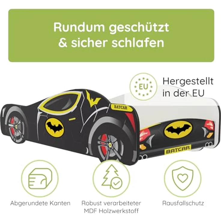 Kids Collective Autobett 70x140, 80x160 cm Kinderbett Jugendbett mit Rausfallschutz (Spielbett Batman Batmobil Bat Car Auto), Bett in schwarz Kinderbett 80 x 160 cm optional mit Matratze – Bild 3