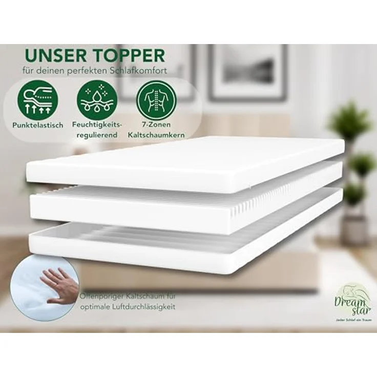 DREAMSTAR Easy Flex, ergonomischer Matratzentopper mit Kaltschaumkern, Härtegrad 3 und 4, Öko-TEX®, 10 cm hoch, 90 x 200 cm, atmungsaktiver Mikrofaserbezug – Bild 3