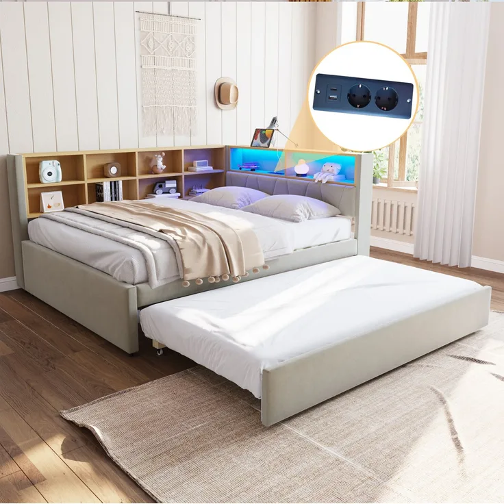 Multifunktionales Schlafsofa 140x200 cm mit Ausziehbett, LED-Leuchten, USB & Typ-C Ladeanschluss, Stauraum,Hellgrau