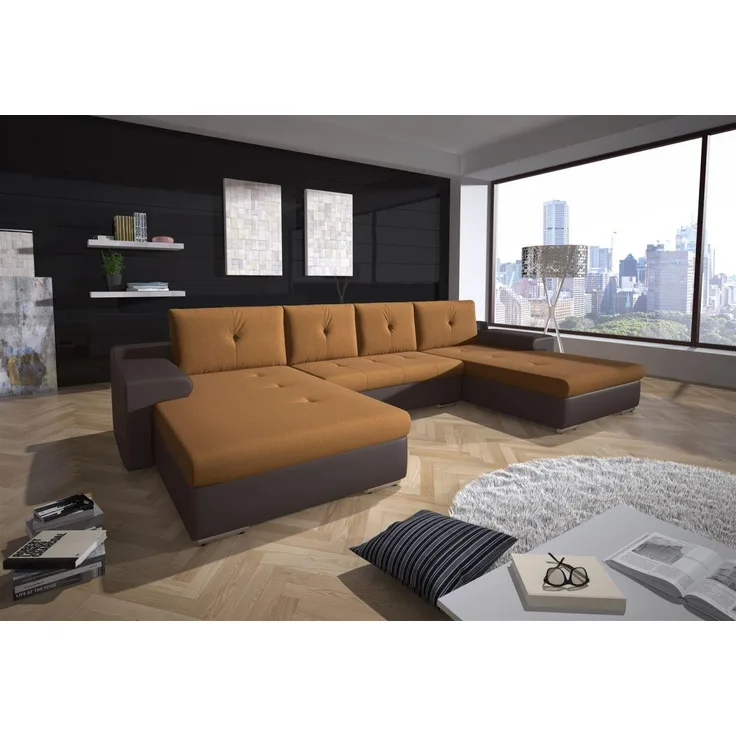 Couchgarnitur FLORENZ U-Form mit Schlaffunktion Grau / Honig