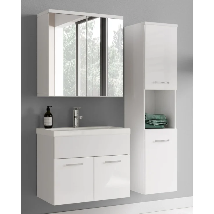 Badplaats Badmöbel Komplettset Montreal 60x35 cm Weiß Hochglanz - Badezimmermöbel mit Waschbecken, Spiegelschrank und Badezimmerschrank – Bild 2