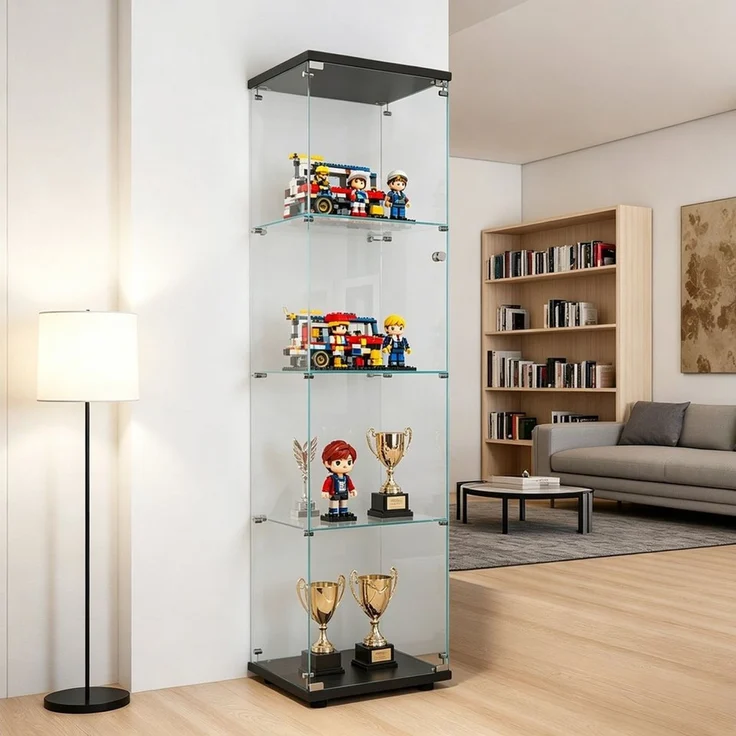 Simurq Glasvitrine Standvitrine aus gehärtetes Glas, Vitrinenschrank mit Glastüren (Glas vitrine mit 2 Glastür und 4 Lagen,Glasschrank mit Schloss) Sammlervitrine mit Kippsicherung,Modernes rahmenloses Design – Bild 3