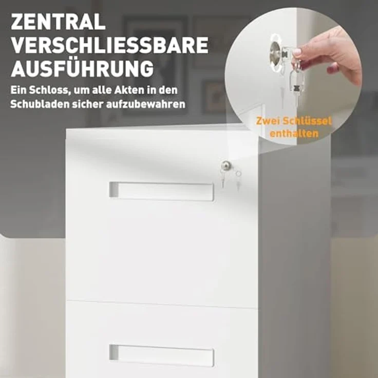 Vinsetto Rollcontainer Aktenschrank mit 2 Schubladen Abschließbarer Rollschrank, (Druckschrank, 1 St, Büroschrank), Stahl 39 x 48 x 67 cm Weiß – Bild 4