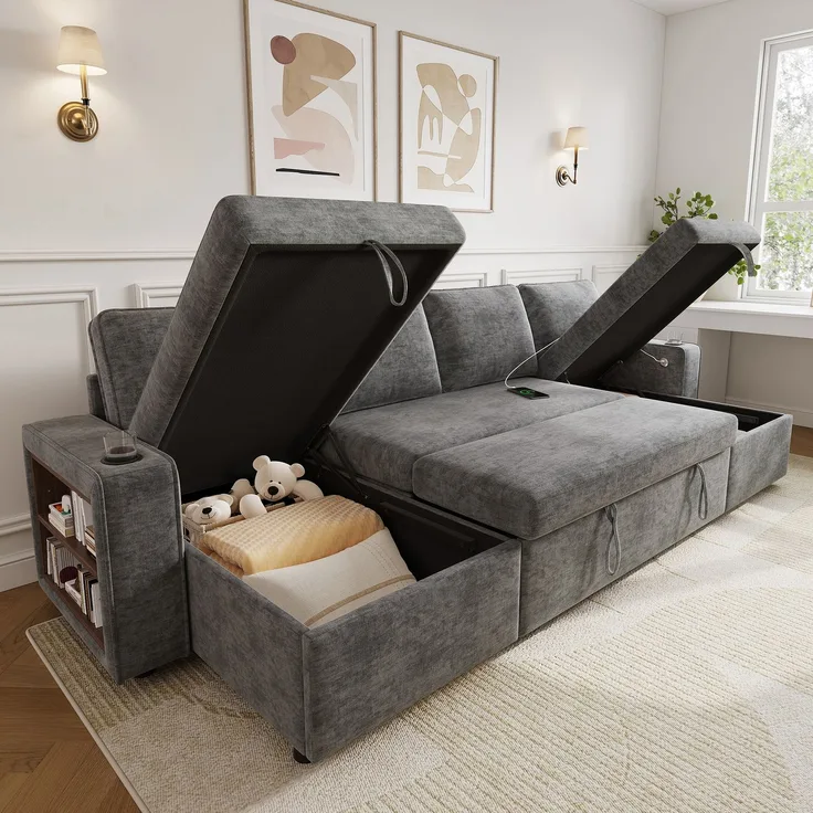 ZUBALIYA Schlafsofa, mit Stauraum, mit USB-C-Anschluss, mit Schlaffunktion, modular kombinierbar, mit Getränkehaltern, H 86 × T 270 × B 125 cm, Grau, Chenille
