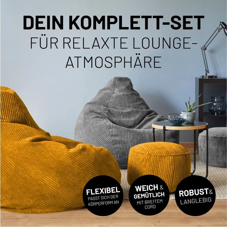 Lumaland Relax Set Cord – Sitzsack Giant + Pouf | Besser als Sofa, Sessel & Co. | XXL Bean Bag + Sitzpouf Hocker mit Füllung (EPS Perlen) für Indoor | Bodensofa für Wohnzimmer, Schlafzimmer & Gaming – Bild 3