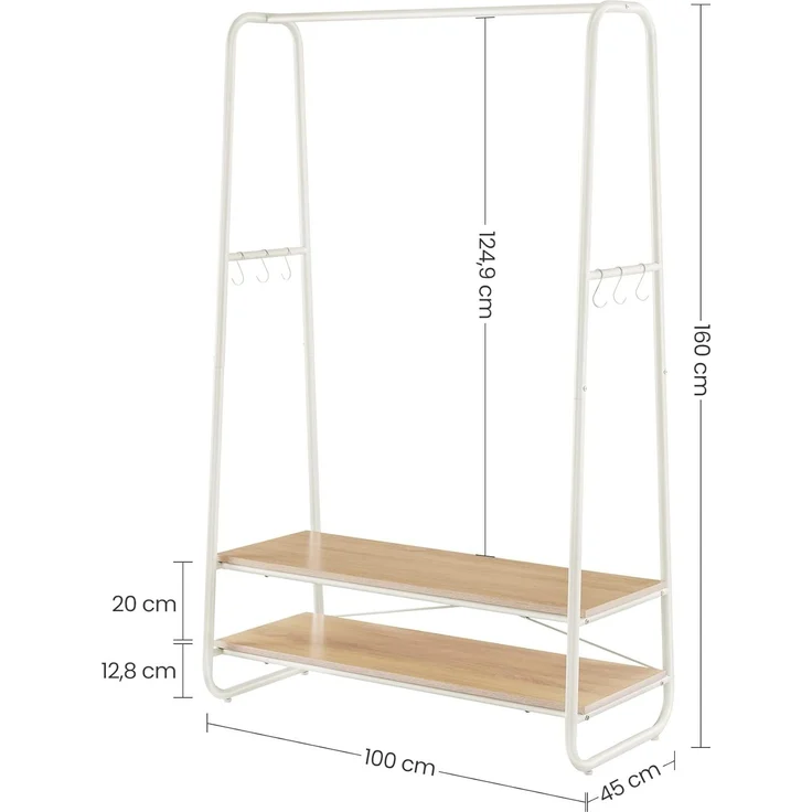 Vasagle Kleiderständer mit 2 Ablagen und 6 Haken, Stahlgestell Weiß/Natur, 45 x 100 x 160 cm – Bild 5