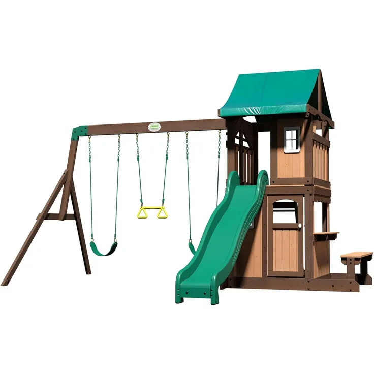 Backyard Discovery Lakewood Spielturm aus Holz XXL Spielhaus für Kinder mit Rutsche, Schaukel, Trapez & Picknicktisch | Braun, grün | Holz | 430.00 cm