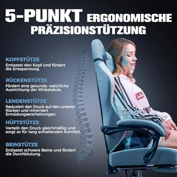 GTPLAYER Gaming Stuhl Ergonomischer, PC Stuhl Atmungsaktiver Stoff, Groß und Hoch Drehbarer Schreibtischstuhl mit Fußstütze,Verstellbare Lendenwirbelstütze und Kopfstütze,Hellblau – Bild 7
