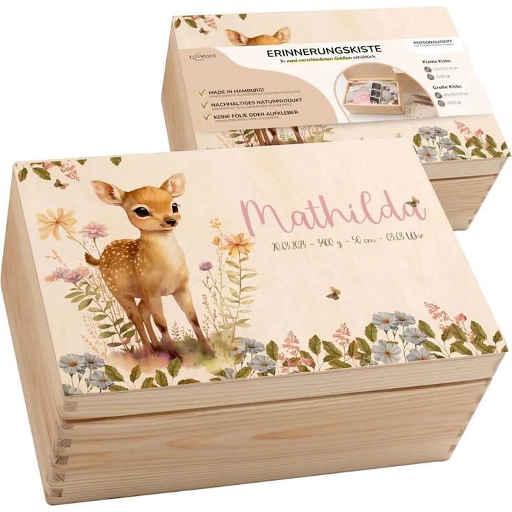 KIDSMOOD - Erinnerungsbox Baby, personalisierte Holzkiste mit Deckel, Ideal zur Aufbewahrung von Erinnerungen und als Geschenk zur Geburt, Taufe oder als Geburtstagsgeschenk für Mädchen und Jungen