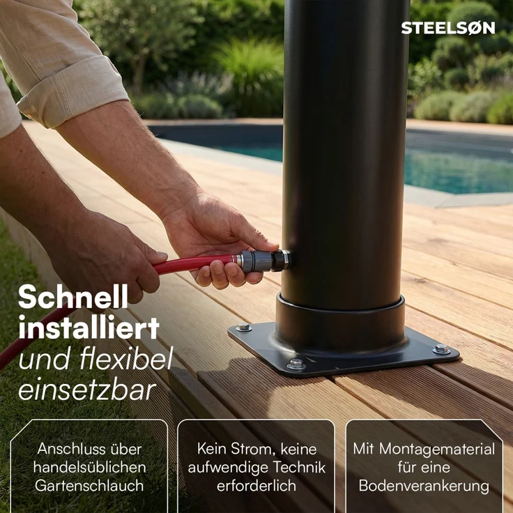 STEELSØN 'Velion' Solardusche 20 Liter, schwarz, warmes Wasser bis 60°C, Gartendusche mit schwankendem Regenduschkopf und Wasserhahn, Outdoor Dusche inkl. Schutzhaube – Bild 7