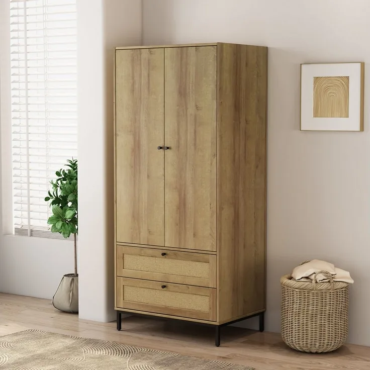 OTTO home Kleiderschrank Motala Schlafzimmerschrank Garderobe Boho Eichen-Design Bestseller (Moderne schwarze Griffe, Schublade mit Geflecht) Schlafzimmerschrank mit 2 Türen und 2 Schubladen
