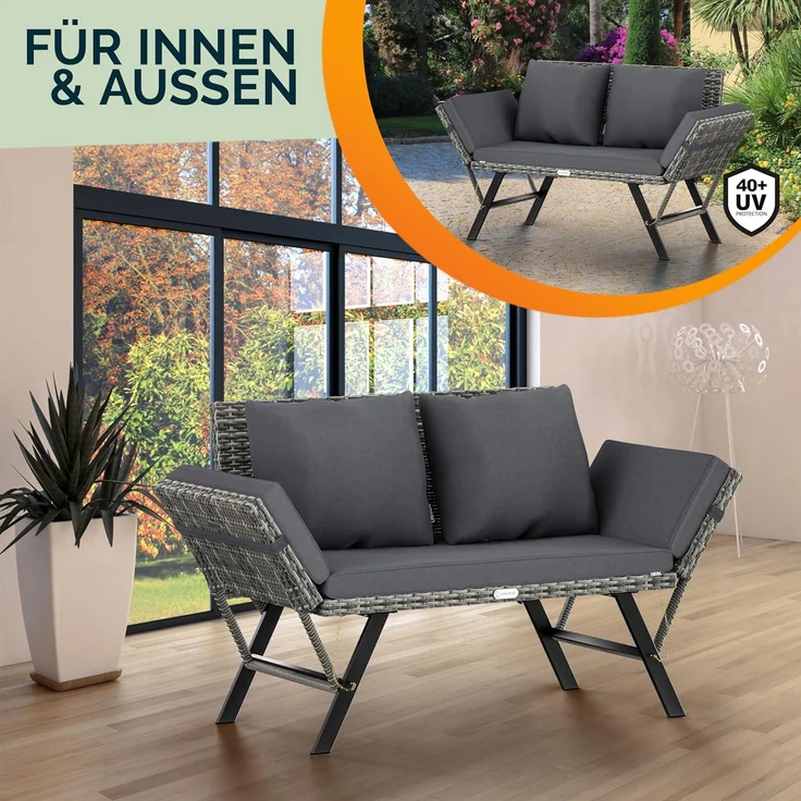 Casaria® Gartenbank mit Liegefunktion / Auflage / Kissen, Polyrattan grau, 176 x 56 x 81 cm – Bild 2