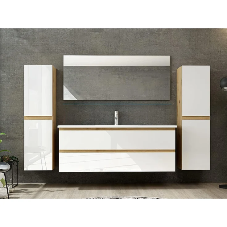 Homeline Badmöbel Set Hochglanz mit Schubladen Glas ablage (Leo Eiche Weiß, 120 cm Einzelbecken ohne Hochschrank) – Bild 2