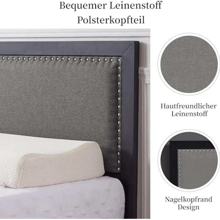 VECELO Polsterbett 90x200 cm, Einzelbett mit Leinen-Kopf- und Fußteil, Nietenakzente, Stabiles Bettgestell mit Lattenrost, 32 cm praktischem Stauraum, geräuscharm, einfache Montage, Grau – Bild 5