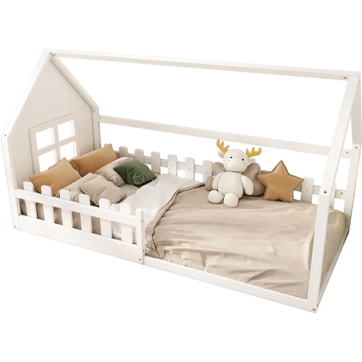 Kinderbett 90x200 cm in Hausform, Weiß Jugendbett aus Kiefer & MDF, stabiles Hausbett für Mädchenzimmer – Bild 6