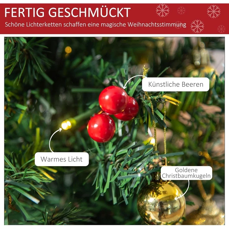HOMCOM Künstlicher Weihnachtsbaum Mini Weihnachtsbaum mit Weihnachtskugeln, LED-Lichtern, roten Beeren, Tannen, 40 x 60 cm (BxH), grün, rot, gold – Bild 3