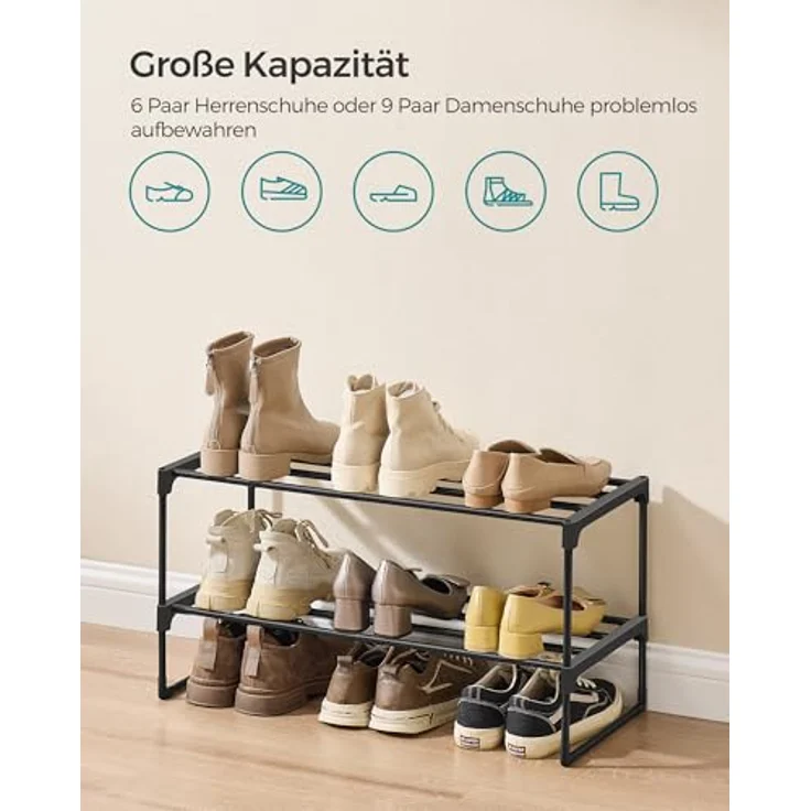 SONGMICS Schuhregal 2 Ebenen, Schuhständer Metall, Schuhaufbewahrung, Schuh-Organizer, aufrecht oder umgedreht, für 6-9 Paar Schuhe, stapelbar, Flur, 30 x 68 x 33,8 cm, schwarz LSA202B01 – Bild 6