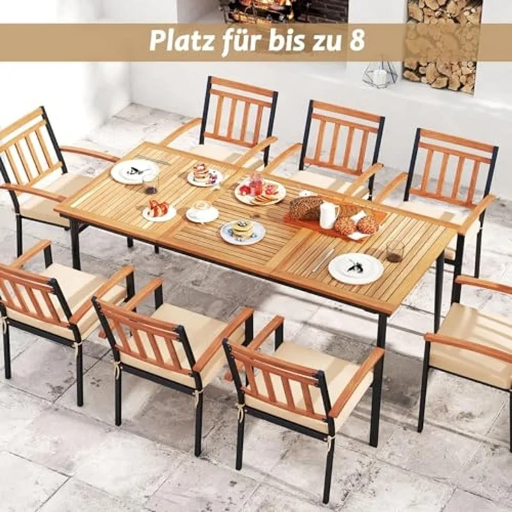 FANTASK Gartentisch mit Schirmloch, 200x90 cm, Esstisch aus Akazienholz für 8 Personen, Rechteckiger Balkontisch Wetterfester für Terrasse, Garten, Natur + Schwarz – Bild 6