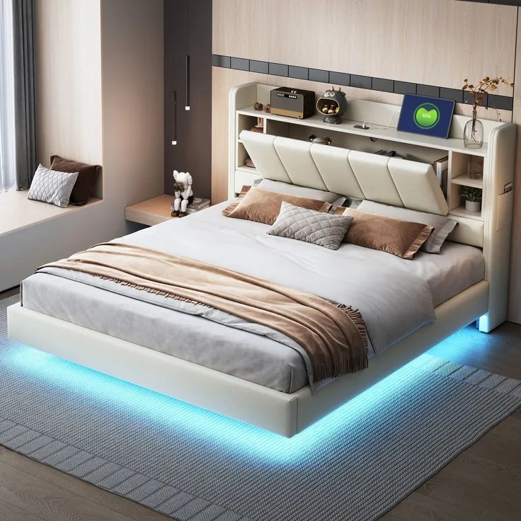 EINHOM Polsterbett 160 x 200 cm, mit USB-Steckdose und Lichtleiste, Wendbares Kopfteil mit Ablagefächern und Einlegeböden mit Kleinen Ablagefächern, Stabiler Metallrahmen, Leinenstoff, Doppelbett Beige, (Ohne Matratze)