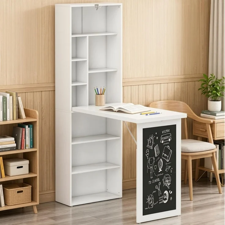 Schreibtisch aus MDF und Kiefernholz, klappbar mit Regal, 98x51x153 cm, Weiß/Schwarz – Bild 2