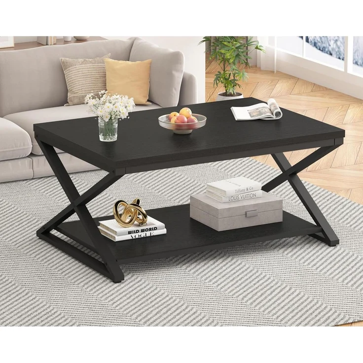 Couchtisch Klein Schwarz Holz Metall Stauraum Beistelltisch 100x60x45cm – Bild 3