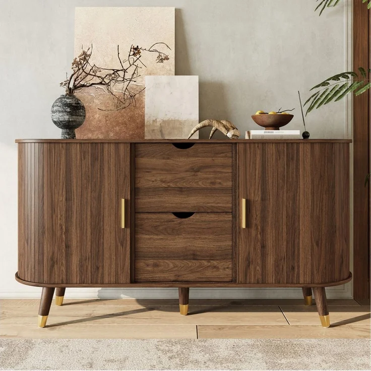 MODFU Sideboard 140x79,5x40 cm Wohnzimmer-Sideboard in vertikaler Maserung (Packung, 1 St, Praktisch mit Schiebetüren und Massivholzbeinen), Abgerundeter Eckschrank mit zwei Schubladen – Bild 3