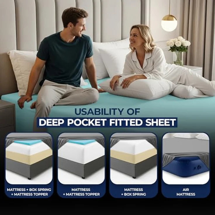 Utopia Bedding Queensize-Spannbetttuch mit extra tiefen Taschen, passend für Matratzen bis zu 53 cm, schrumpf- und farbbeständig, pflegeleicht, nur 1 Spannbetttuch mit tiefen Taschen, Spa-Blau – Bild 5