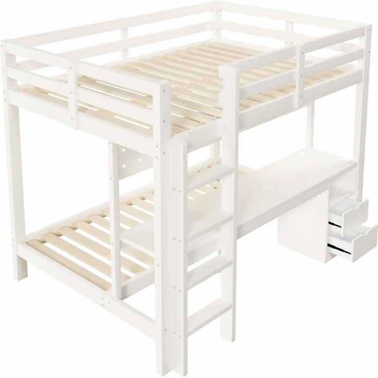 Merax Etagenbett, Hochbett, Kinderbett 90x200 cm & 140x200 cm, mit Schubladen und Schreibtisch, ausgestattet, inklusive LED-Lichtleiste, (Keine Stühle), Weiß – Bild 9