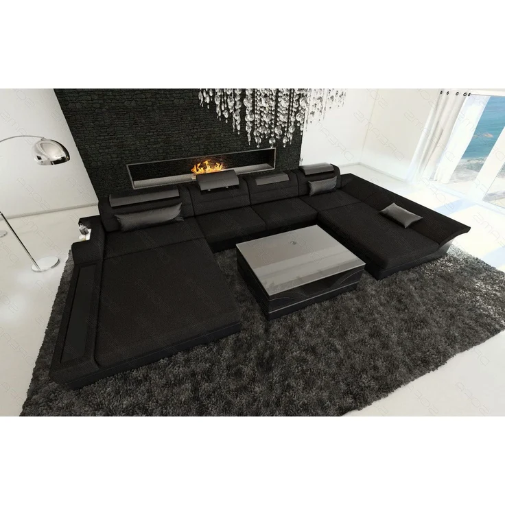 Stoff-Wohnlandschaft Monza LED U-Form - Strukturstoff - Schwarz-Schwarz - Rechts – Bild 5
