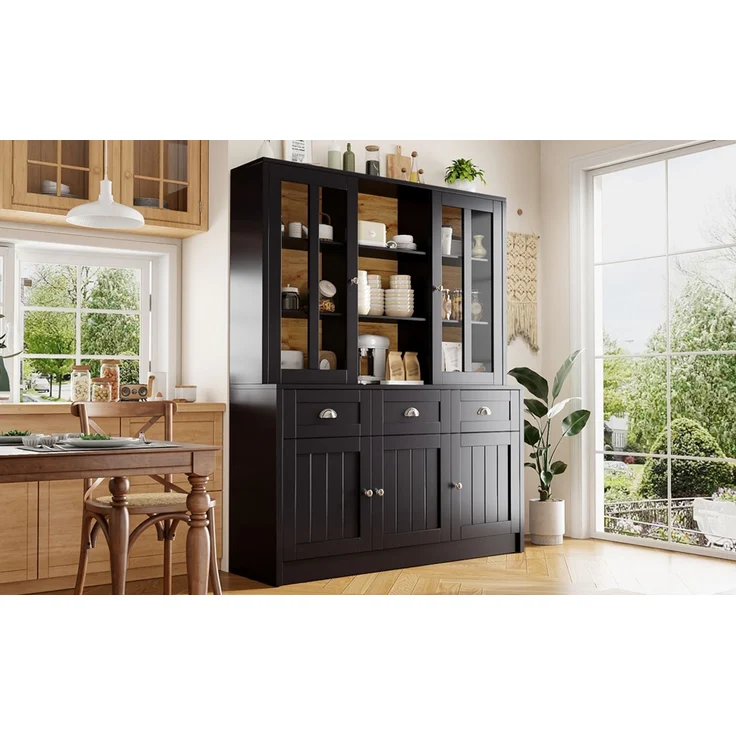 Hochschränke fürs Wohnzimmer(140×38.5×175cm), Vitrinenschrank,Küchenschrank,Esszimmerschrank mit Schubladen, Moderner Minimalistischer Hochschrank, Standvitrine für Küche Wohnzimmer Esszimmer, Schwarz--Schwarz--140x38.5x175cm--YOUDENOVA – Bild 4