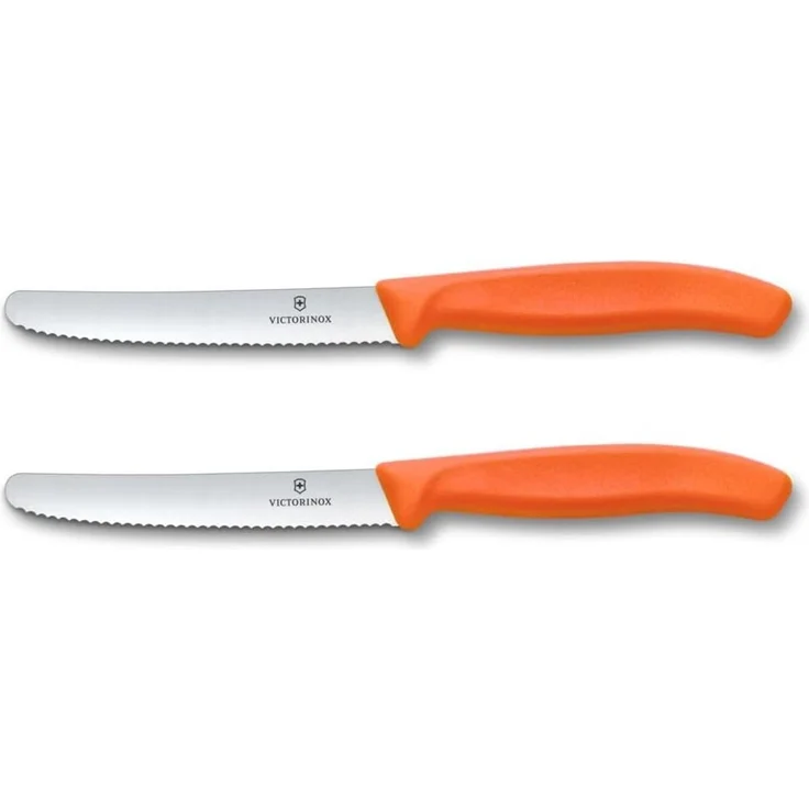 Victorinox Swiss Classic, Frühstücksmesser, Brötchenmesser Set 2teilig, Scharfe Klinge, Wellenschliff, 11 cm, Rostfreier Stahl, Orange