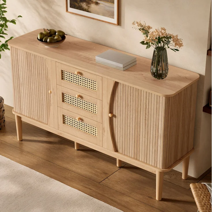 DESVIAE Sideboard Natur aus MDF – 141x77x40 cm – 3 Rattanschubladen, Schiebetüren – Bild 3